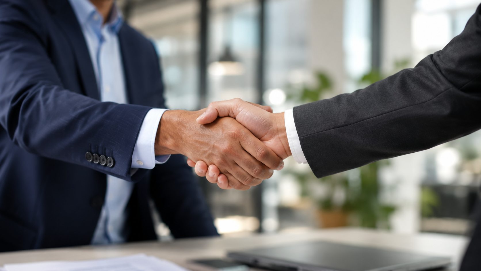 Professioneller Handschlag zwischen Arbeitgeber und Bewerber